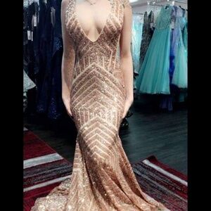 Prom Dress Jovani V Neck line w/  Gold Rose Sequins